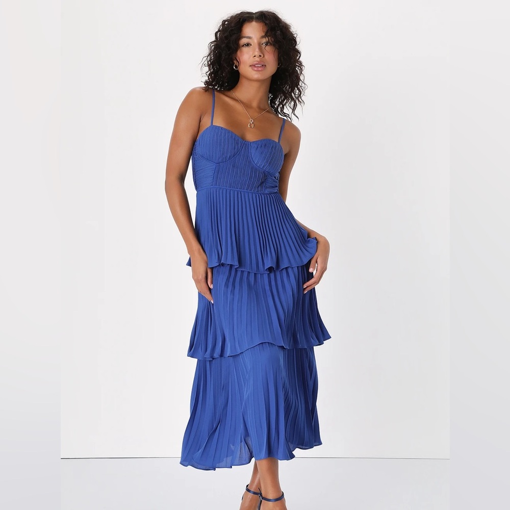 Lulus 🌸Cascading🌸 Crush Cobalt Blue Tiered Bustier Midi Dress - SZ S